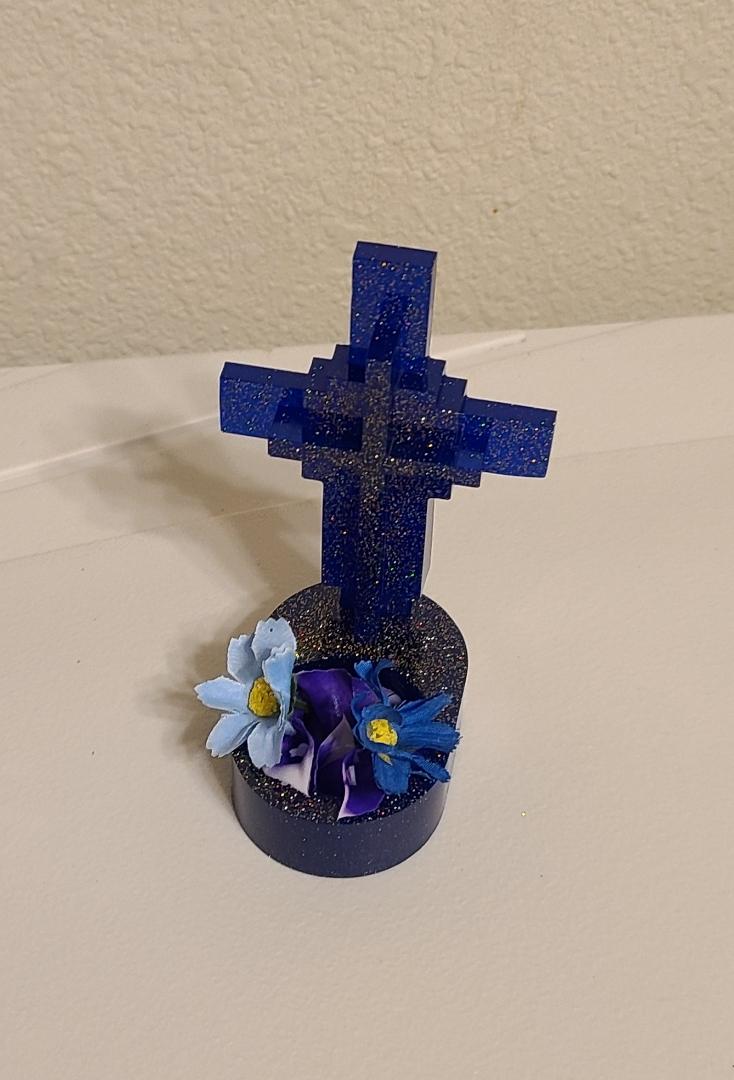 Dark Blue Cross Candle Holder with Candle - Image 2