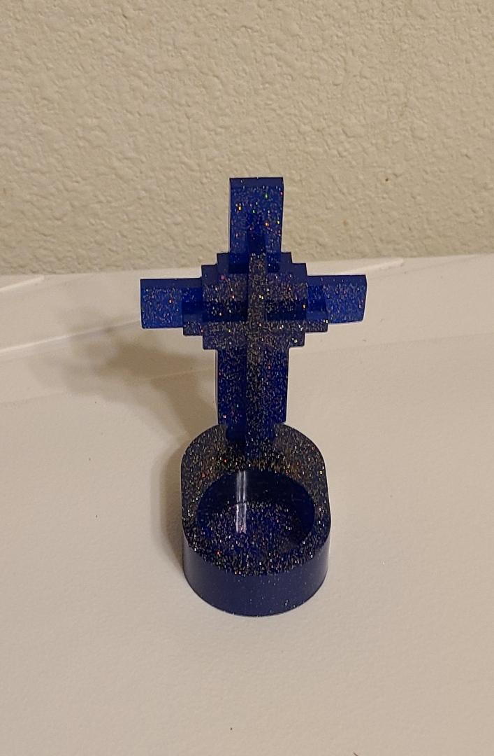 Dark Blue Cross Candle Holder with Candle - Image 3